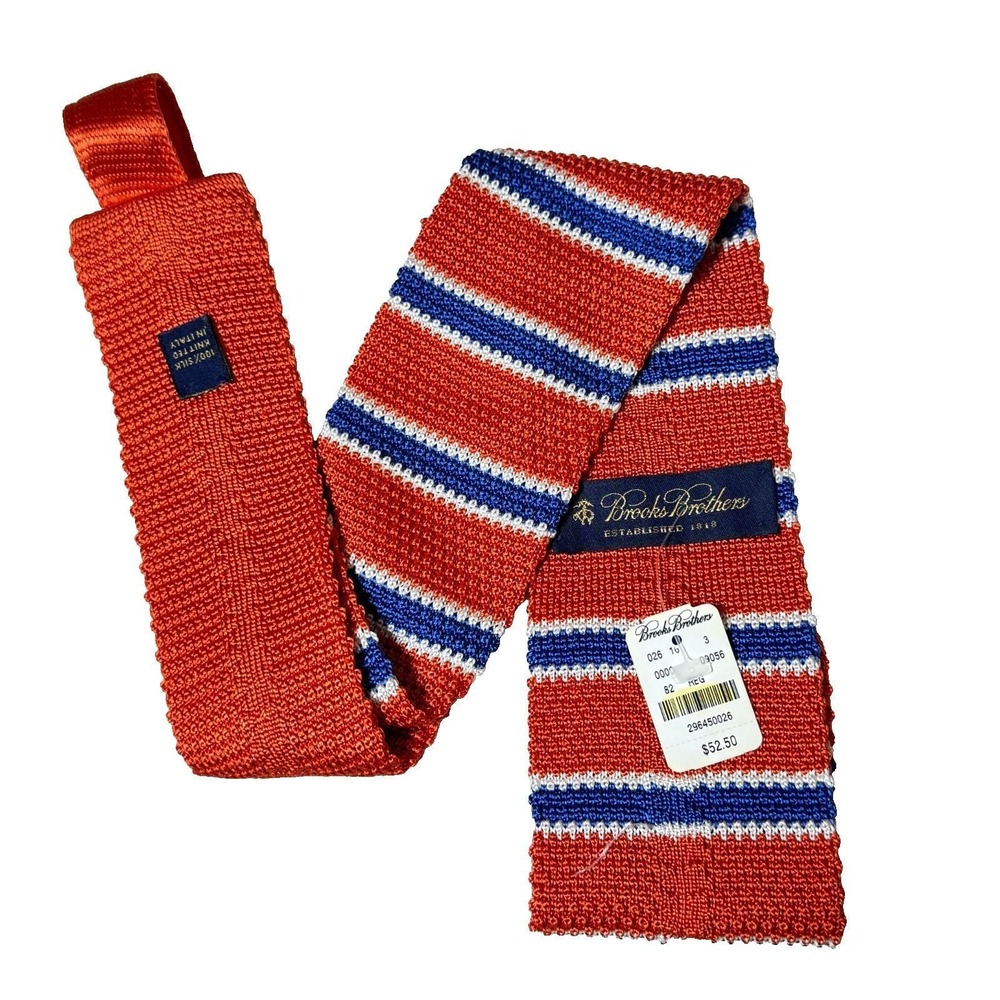 Brooks Brothers 100% Silk Knitted Neck Tie Red Blue Striped Preppy Made In Italy